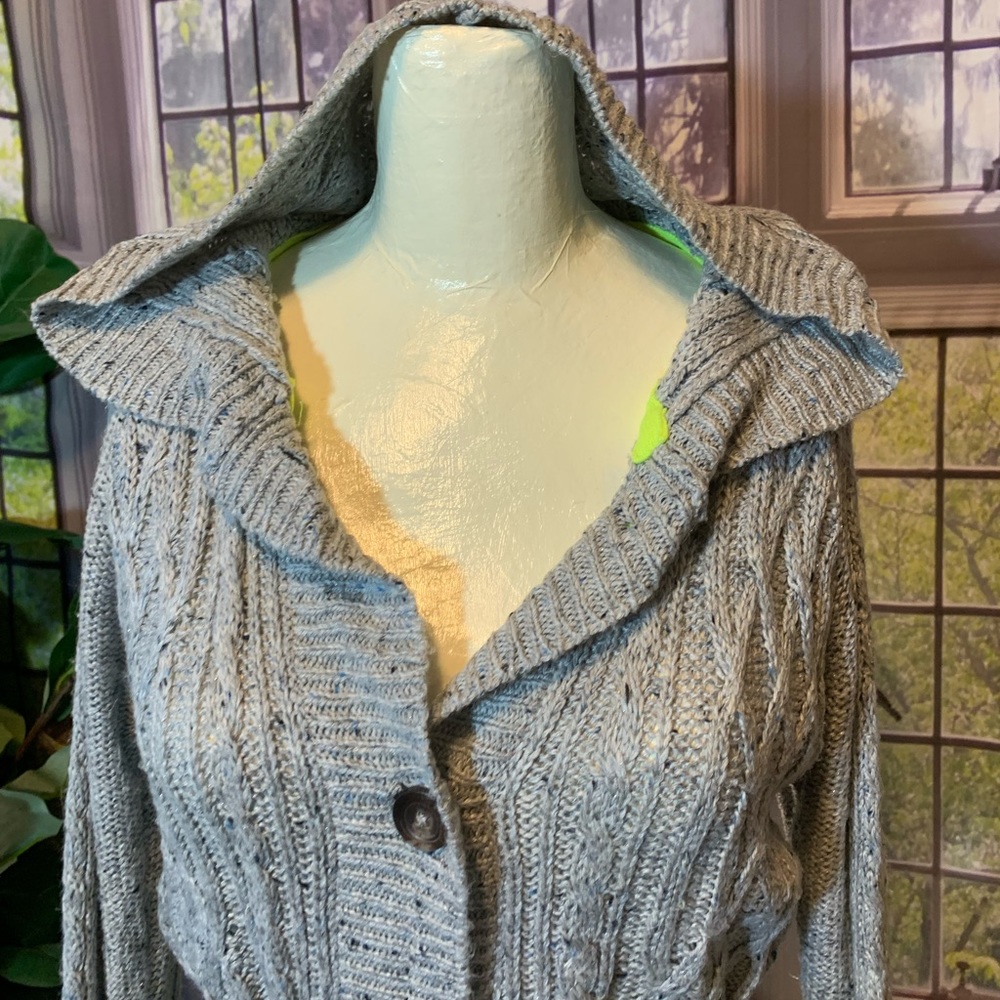 SO Knit Sweater Hoodie Oatmeal Pockets Belt Cardigan Buttons XL Duster Casual